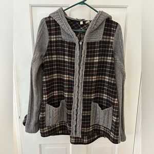MOTH ANTHROPOLOGIE PLAID ZIP UP HOODIE WITH GRAY KNIT ACCENTS SIZE SMALL